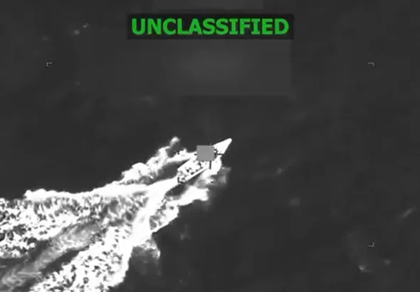 A small boat struck by the US military in the Caribbean, leaving three victims dead on November 6, 2025. Photo: X/@SecWar.