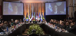 Opposition leader and self-proclaimed interim president of Venezuela Juan Guaido addresses members of the Lima Group via broadcast, in Buenos Aires, Argentina, July 23, 2019. Photo: AP.