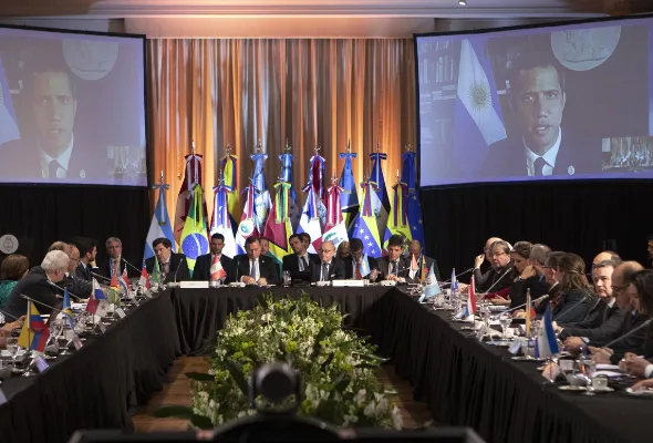 Opposition leader and self-proclaimed interim president of Venezuela Juan Guaido addresses members of the Lima Group via broadcast, in Buenos Aires, Argentina, July 23, 2019. Photo: AP.
