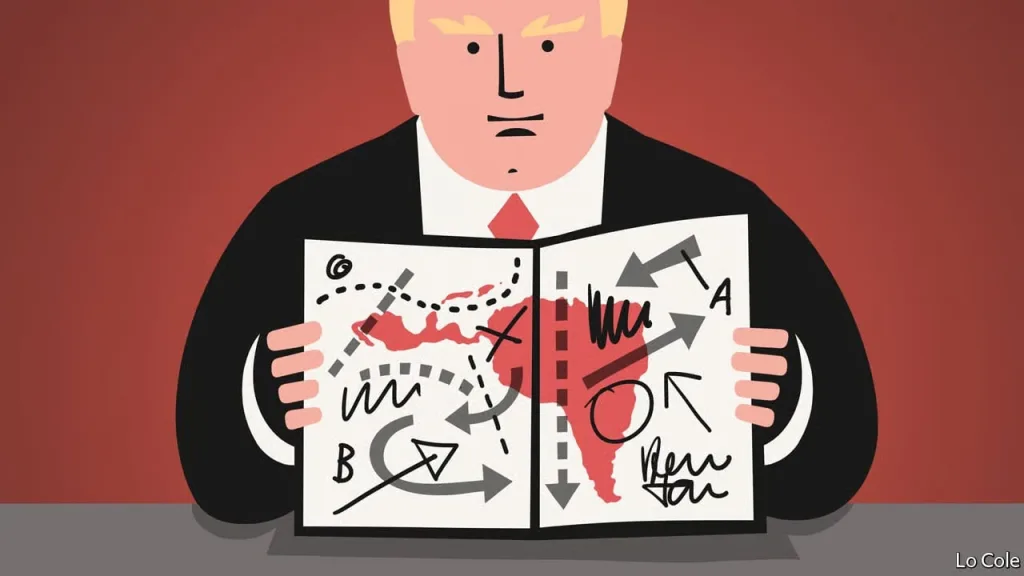 Political cartoon depicting US President Donald Trump looking at a complex, messy strategy map of Latin America. Photo: Lo Cole/The Economist/file photo.