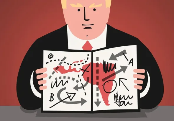 Political cartoon depicting US President Donald Trump looking at a complex, messy strategy map of Latin America. Photo: Lo Cole/The Economist/file photo.