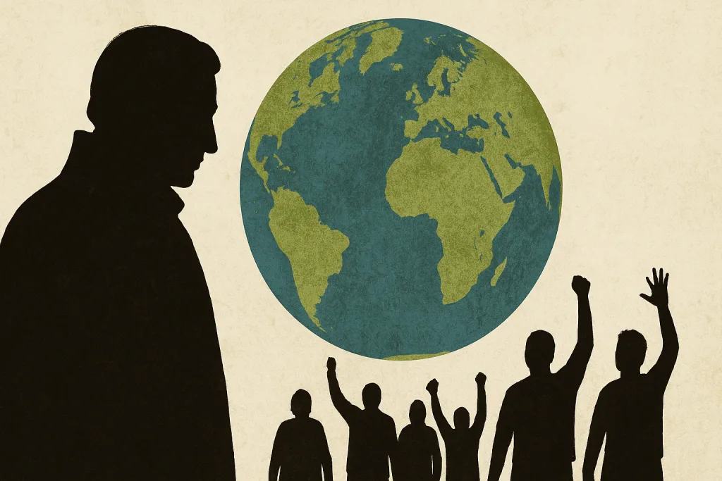 An image composition featuring the earth and silhouettes of people. Photo: New Eastern Outlook.