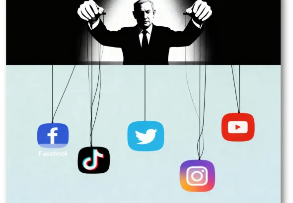 Benjamin Netanyahu, the Prime Minister of Israel, a puppet master controlling various social media platforms, including Facebook, TikTok, Twitter, Instagram, and YouTube. Photo: Dissident Voice.