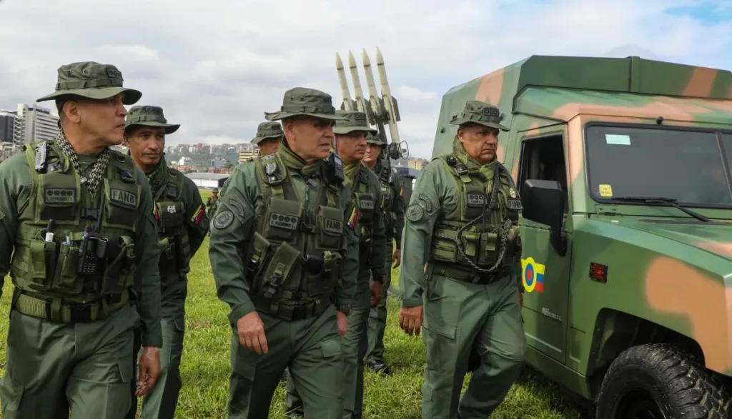 Venezuela's Minister of Defense Vladimir Padrino and members of the military high command inspecting a Russian-made Buk M2E missile system during a training exercise in Caracas on Nov. 11, 2025. Photo: Venezuela Defense Ministry.