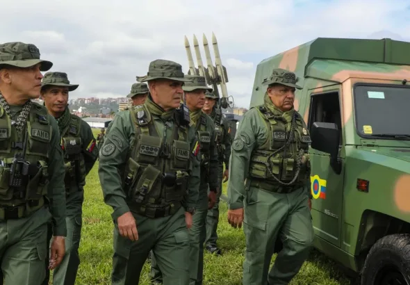 Venezuela's Minister of Defense Vladimir Padrino and members of the military high command inspecting a Russian-made Buk M2E missile system during a training exercise in Caracas on Nov. 11, 2025. Photo: Venezuela Defense Ministry.