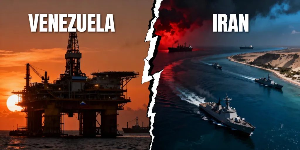 An oil rig, symbolizing Venezuela's oil industry, with naval vessels, representing Iran's efforts to export fuel and project military presence in the Atlantic, often in defiance of U.S. pressure. Photo: BettBeat Media.