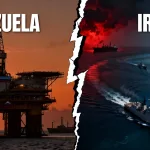 An oil rig, symbolizing Venezuela's oil industry, with naval vessels, representing Iran's efforts to export fuel and project military presence in the Atlantic, often in defiance of U.S. pressure. Photo: BettBeat Media.