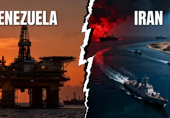 An oil rig, symbolizing Venezuela's oil industry, with naval vessels, representing Iran's efforts to export fuel and project military presence in the Atlantic, often in defiance of U.S. pressure. Photo: BettBeat Media.