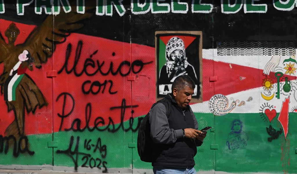 The image shows a passerby in front of a mural that reads "Mexico with Palestine." Photo: Al Akhbar/file photo.