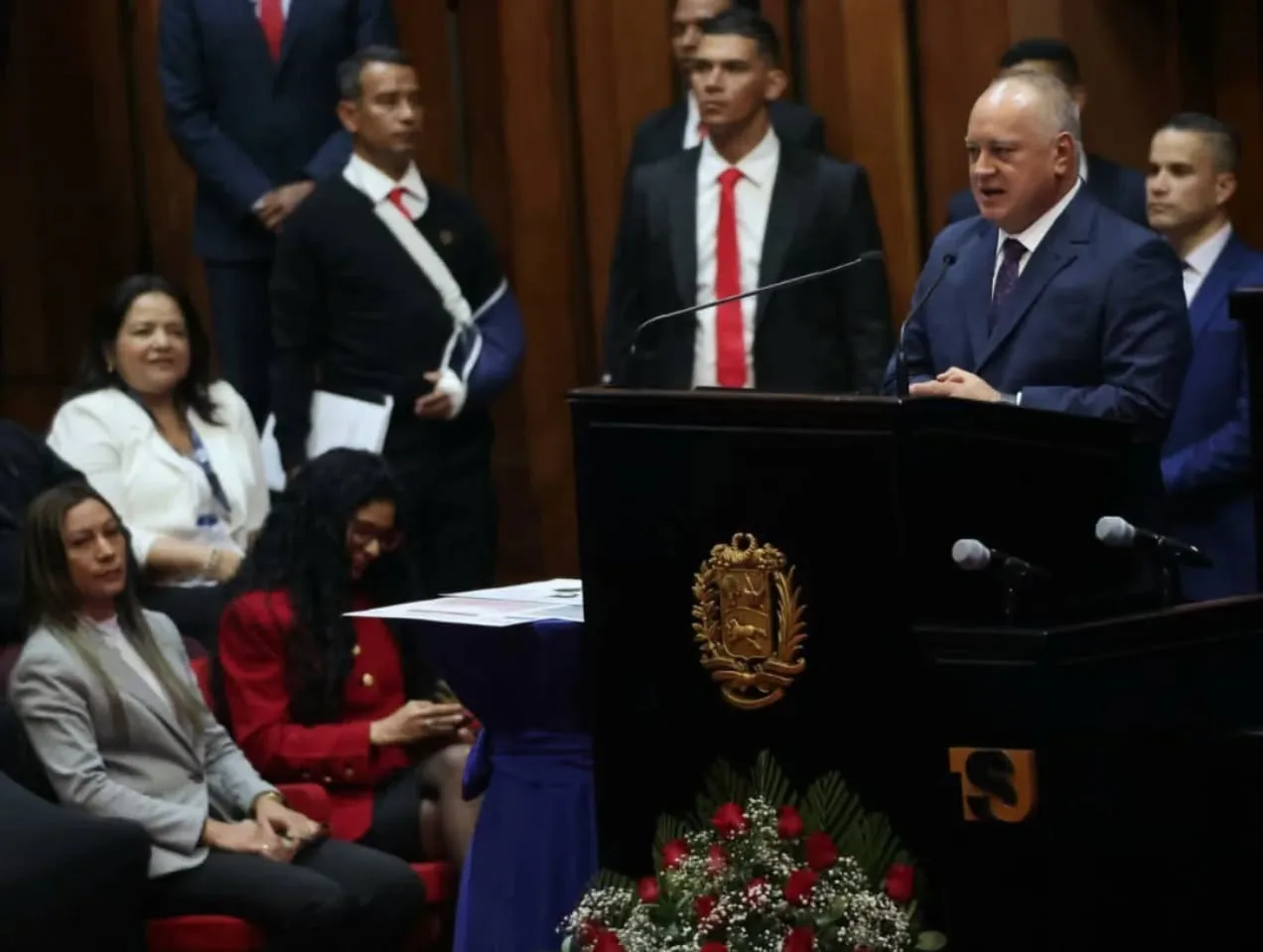 Venezuelan Minister for the Interior Diosdado Cabello delivers his address at the Congress on Drug Use and Juvenile Delinquency: Justice with a Humane Face, at the Supreme Court of Justice headquarters in Caracas, November 7, 2025. Photo: Con El Mazo Dando.