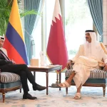 Colombian President Gustavo Petro meets the Emir of Qatar, Tamim bin Hamad Al Thani, in Doha on Monday, Nov. 3, 2025. Photo: Colombia's Presidential Office.