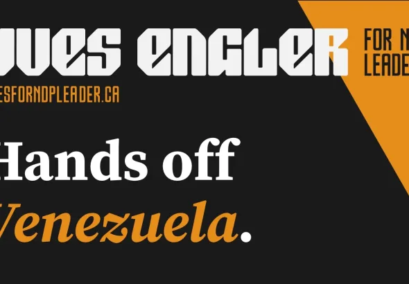 A campaign poster for Canadian activist and author Yves Engler during his bid for the leadership of Canada's New Democratic Party (NDP). The poster expresses an anti-imperialist stance with the slogan "Hands off Venezuela". Photo: yvesengler.com.