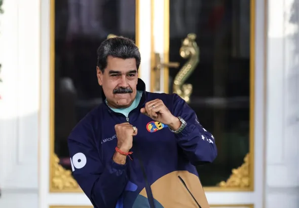 President of Venezuela Nicolás Maduro dances during a march as part of the "Venezuelan Student Day" at Miraflores in Caracas, Venezuela, on Nov. 21, 2025. Photo: Jesus Vargas/Getty Images.