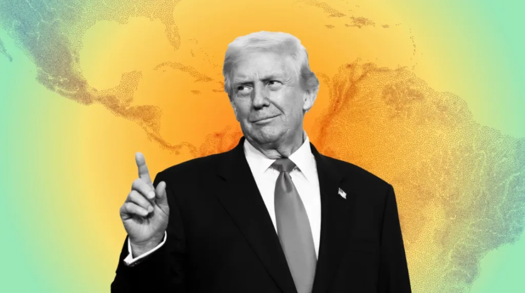 Graphic illustration of Donald Trump with a map of the Americas overlaying the background. Photo: Financial Times.