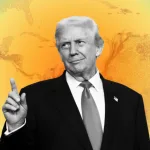 Graphic illustration of Donald Trump with a map of the Americas overlaying the background. Photo: Financial Times.
