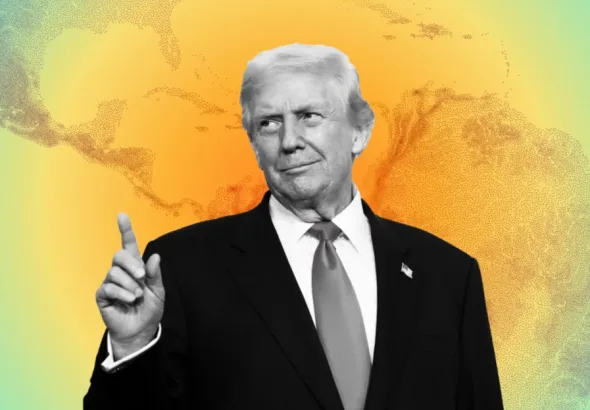 Graphic illustration of Donald Trump with a map of the Americas overlaying the background. Photo: Financial Times.