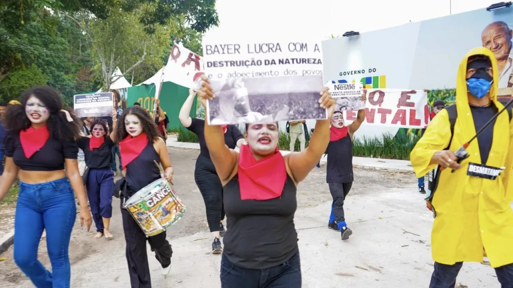MST activists hold a protest in the Agrizone at COP 30, an area dedicated to discussions related to agribusiness, November 11, 2025. Photo: @alain.grao/COP30 Collaborative Coverage.