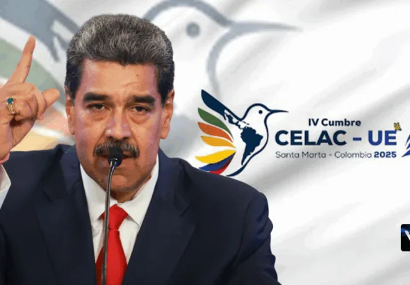 Photo composition showing Venezuelan President Nicolás Maduro with the logo of the CELAC-EU Summit in Santa Marta, Colombia. Photo: Venezuela News.