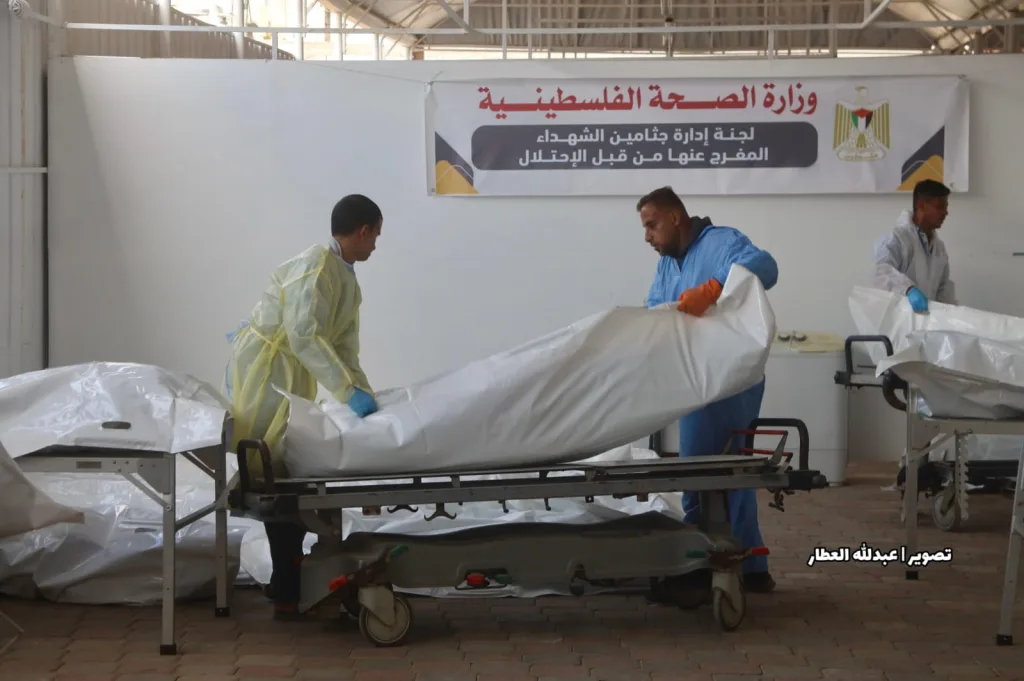 Staff at the Nasser Medical Complex in Gaza receive bodies of Palestinian prisoners released by the Zionist entity as part of the prisoner exchange deal with Hamas, November 3, 2025. Photo: Facebook/Jerusalem-alquds.