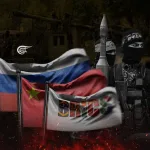 Flags of BRICS, China, and Russia, with Palestinian resistance soldiers in the background. Illustration: Zeinab el-Hajj/Al-Mayadeen English.