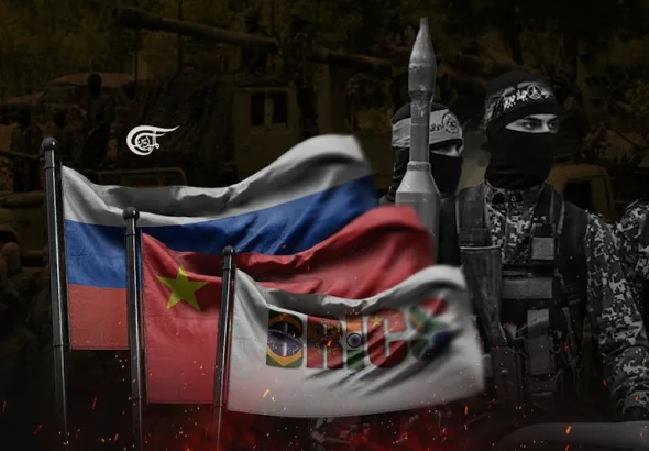 Flags of BRICS, China, and Russia, with Palestinian resistance soldiers in the background. Illustration: Zeinab el-Hajj/Al-Mayadeen English.