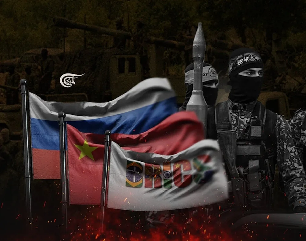 Flags of BRICS, China, and Russia, with Palestinian resistance soldiers in the background. Illustration: Zeinab el-Hajj/Al-Mayadeen English.
