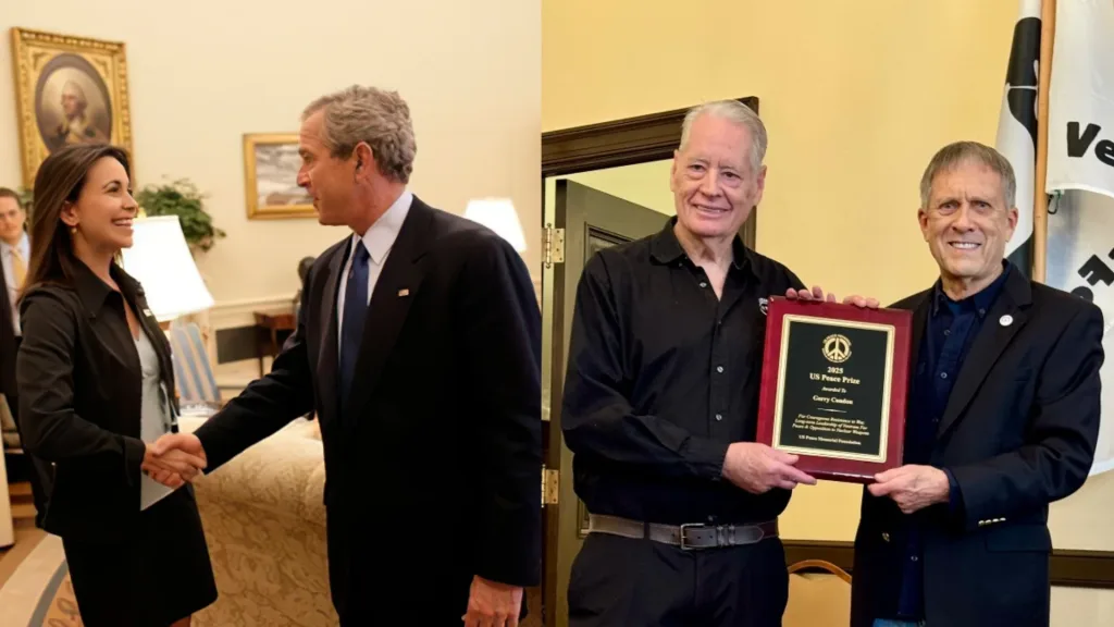 2025 Nobel Peace Prize winner María Corina Machado and George W. Bush (left); 2025 US Peace Prize winner Gerry Condon receives award from Michael Knox (right). Photo: Eric Draper/White House/file photo and Roger Harris/file photo.