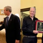 2025 Nobel Peace Prize winner María Corina Machado and George W. Bush (left); 2025 US Peace Prize winner Gerry Condon receives award from Michael Knox (right). Photo: Eric Draper/White House/file photo and Roger Harris/file photo.