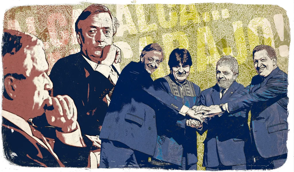 Banner commemorating the 15th anniversary of the "No to FTAA" movement, depicts several prominent Latin American leaders who opposed the free trade agreement, including Néstor Kirchner, Hugo Chávez, Evo Morales, and Luiz Inácio Lula da Silva. Photo: PCCE.