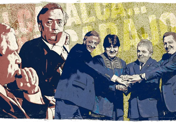 Banner commemorating the 15th anniversary of the "No to FTAA" movement, depicts several prominent Latin American leaders who opposed the free trade agreement, including Néstor Kirchner, Hugo Chávez, Evo Morales, and Luiz Inácio Lula da Silva. Photo: PCCE.