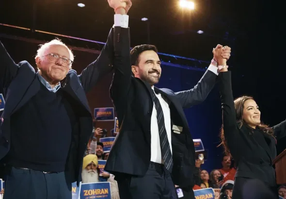 Sen. Bernie Sanders and Rep. Alexandria Ocasio-Cortez campaign for fellow democratic socialist Zohran Mamdani, now NYC mayor. Photo : Andres Kudacki/Getty/file photo.