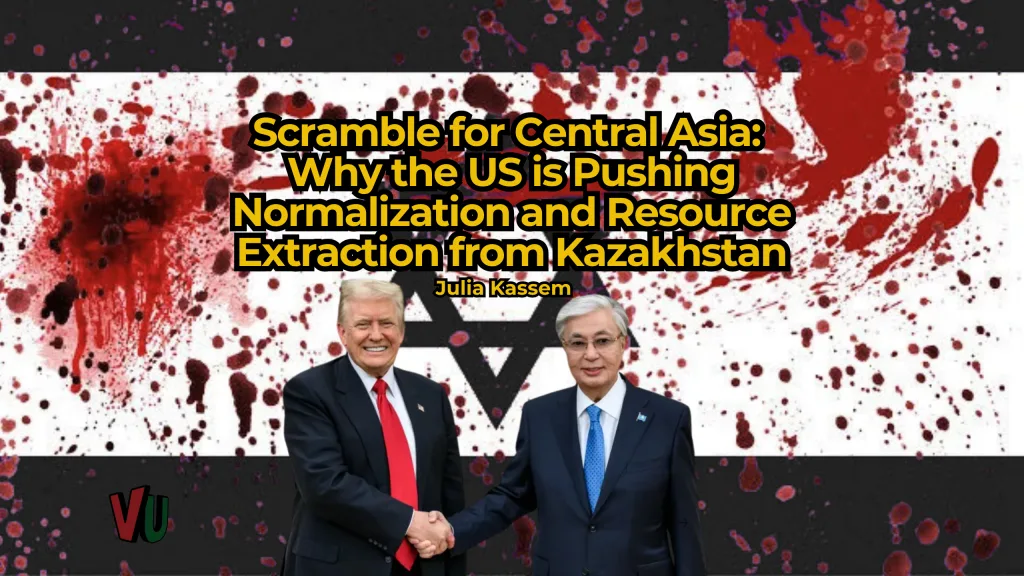 Image composition showing US President Donald Trump and President Kassym-Jomart Tokayev of Kazakhstan shaking hands in the foreground, superimposed over a blood-stained Israeli flag depicted in black and white. Photo: Vox Ummah.