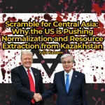 Image composition showing US President Donald Trump and President Kassym-Jomart Tokayev of Kazakhstan shaking hands in the foreground, superimposed over a blood-stained Israeli flag depicted in black and white. Photo: Vox Ummah.