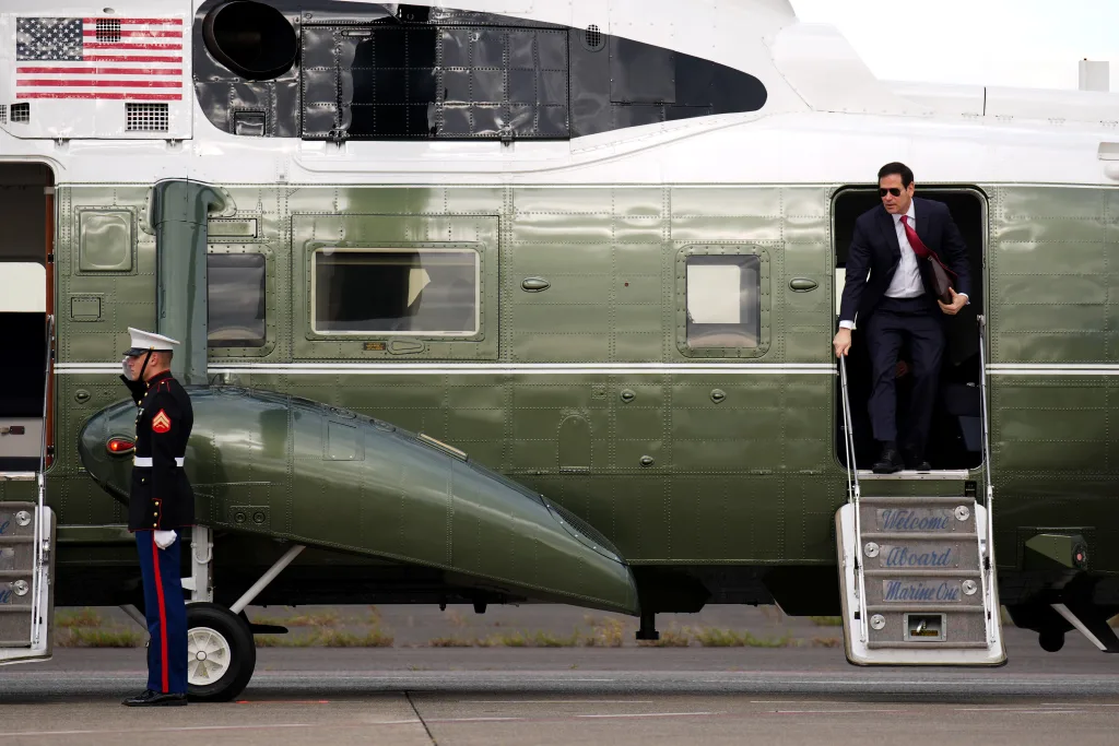 U.S. Secretary of State Marco Rubio disembarks from Marine One as he prepares to board Air Force One at Haneda Airport on October 29, 2025. Photo: Andrew Harnik/Getty Images.