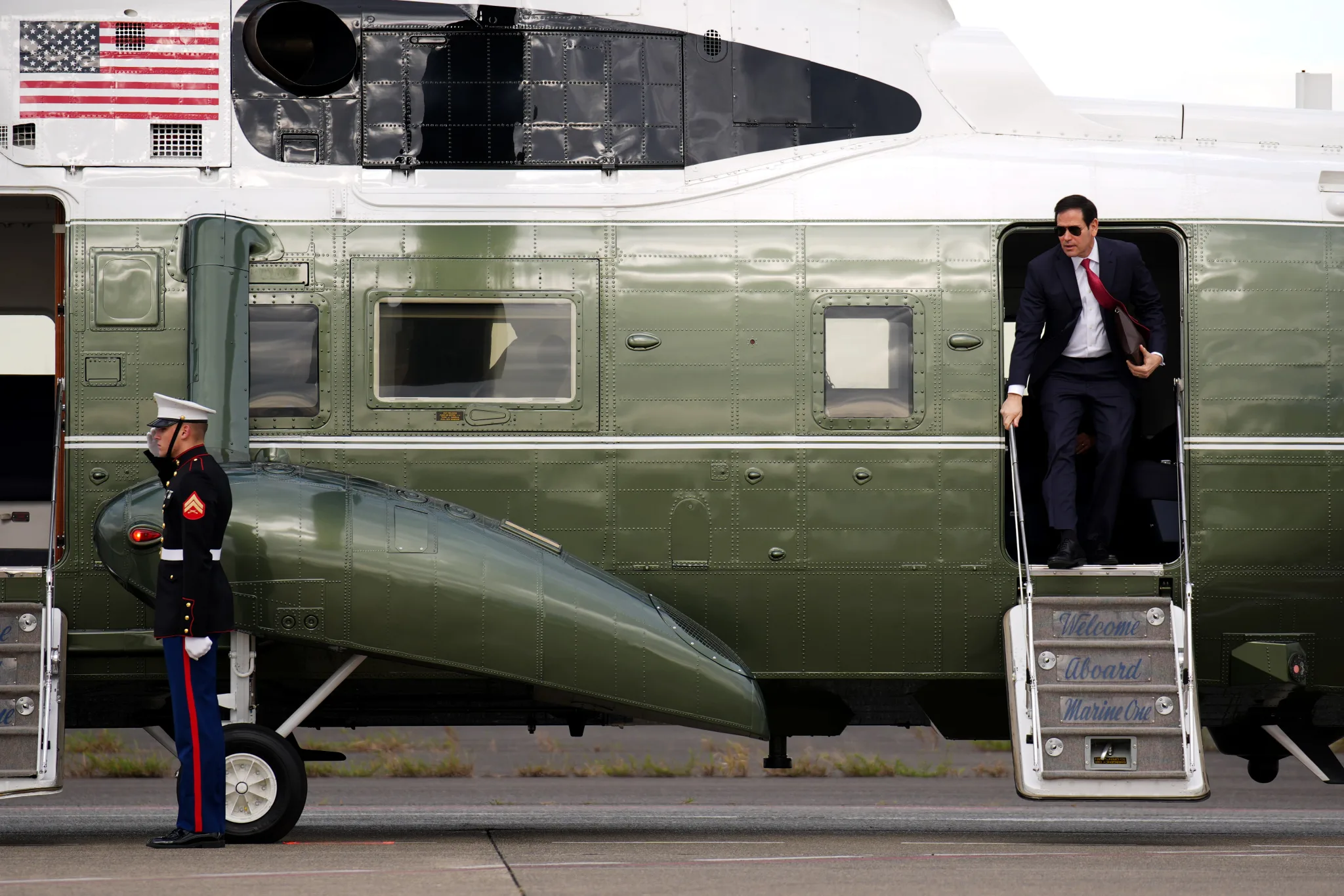 U.S. Secretary of State Marco Rubio disembarks from Marine One as he prepares to board Air Force One at Haneda Airport on October 29, 2025. Photo: Andrew Harnik/Getty Images.