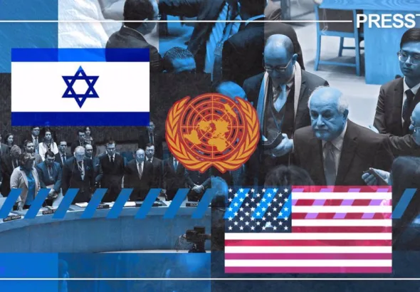 This image is a graphic relating to discussions at the United Nations Security Council (UNSC) regarding the genocide in Gaza and the recent vote on a US-backed resolution. Photo: PressTV.