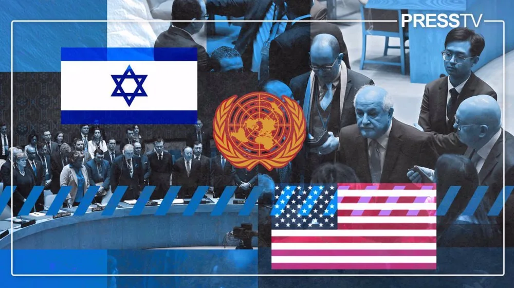This image is a graphic relating to discussions at the United Nations Security Council (UNSC) regarding the genocide in Gaza and the recent vote on a US-backed resolution. Photo: PressTV.