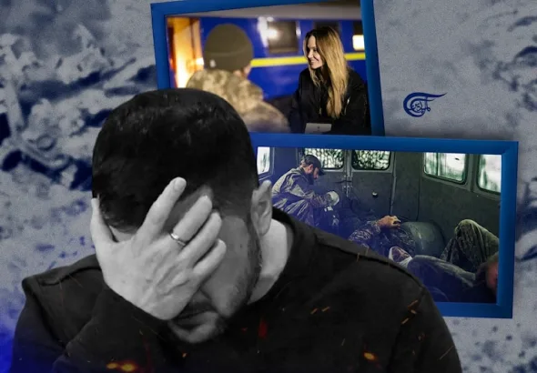 Photo composition related to recent events in the Ukraine war. It juxtaposes in the background images of distress and conflict with a separate image of a smiling woman who has been identified as a Ukrainian political analyst behind Volodymyr Zelensky with a hand on his forehead. Photo: Al-Mayadeen.