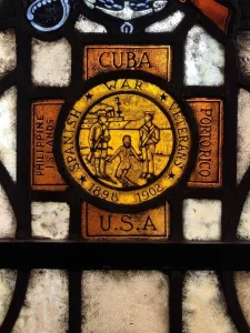 Stained glass window with the emblem of the US veterans of the Spanish American War, Veterans War Memorial Building, San Francisco. Photo: Roger Harris/file photo.