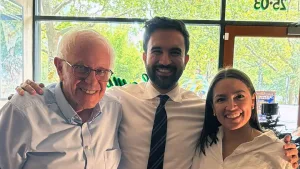Sen. Bernie Sanders, then Democratic mayoral candidate Zohran Mamdani and Rep. Alexandria Ocasio-Cortez pose for a photo in Astoria, Queens, Sept. 6, 2025. Photo: X/@ZohranKMamdani.