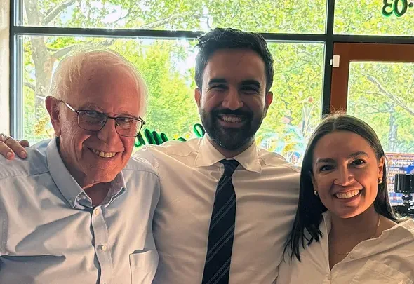 Sen. Bernie Sanders, then Democratic mayoral candidate Zohran Mamdani and Rep. Alexandria Ocasio-Cortez pose for a photo in Astoria, Queens, Sept. 6, 2025. Photo: X/@ZohranKMamdani.