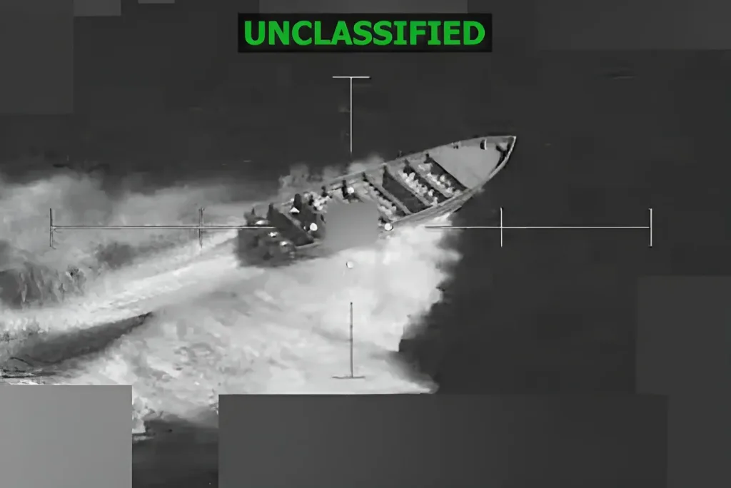 Screenshot from a video posted by the US Southern Command shows a strike on a small boat on November 15, at the direction of Secretary of War Pete Hegseth. Photo: X/@Southcom.