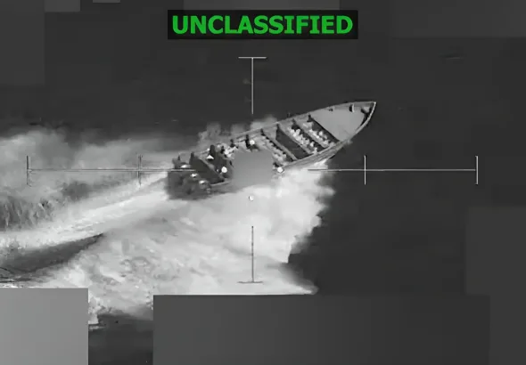 Screenshot from a video posted by the US Southern Command shows a strike on a small boat on November 15, at the direction of Secretary of War Pete Hegseth. Photo: X/@Southcom.