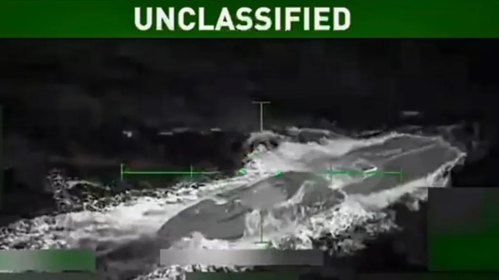 Screen grab of US attack on a boat in the Caribbean that left two survivors, October 16, 2025. Photo: United States government.