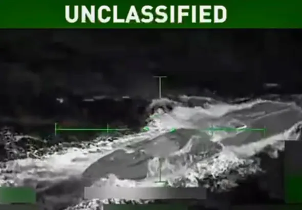 Screen grab of US attack on a boat in the Caribbean that left two survivors, October 16, 2025. Photo: United States government.