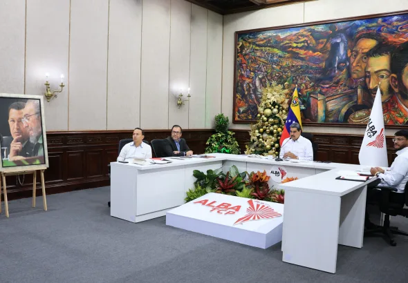 Venezuelan President Nicolas Maduro accompanied by Foreign Minister Yvan Gil at the opening of the 25th summit of ALBA-TCP on Sunday, December 14, 2025. Photo: Venezuelan Presidential Press.