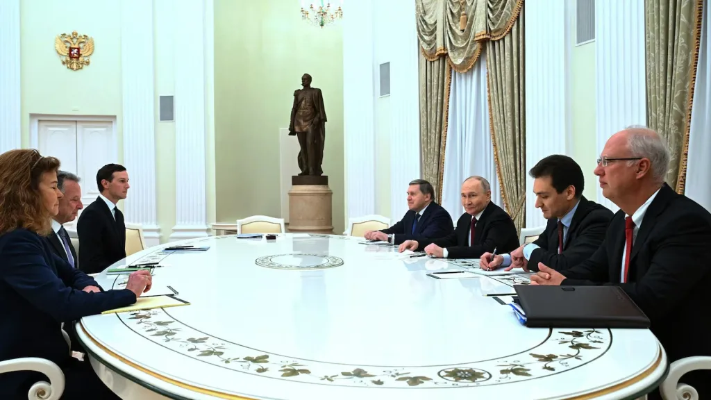 Recent meeting in the Kremlin, Moscow, where Russian President Vladimir Putin met with United States special envoys Steve Witkoff and Jared Kushner for talks on ending the war in Ukraine. Photo credit: Kristina Kormilitsyna/Sputnik/AP