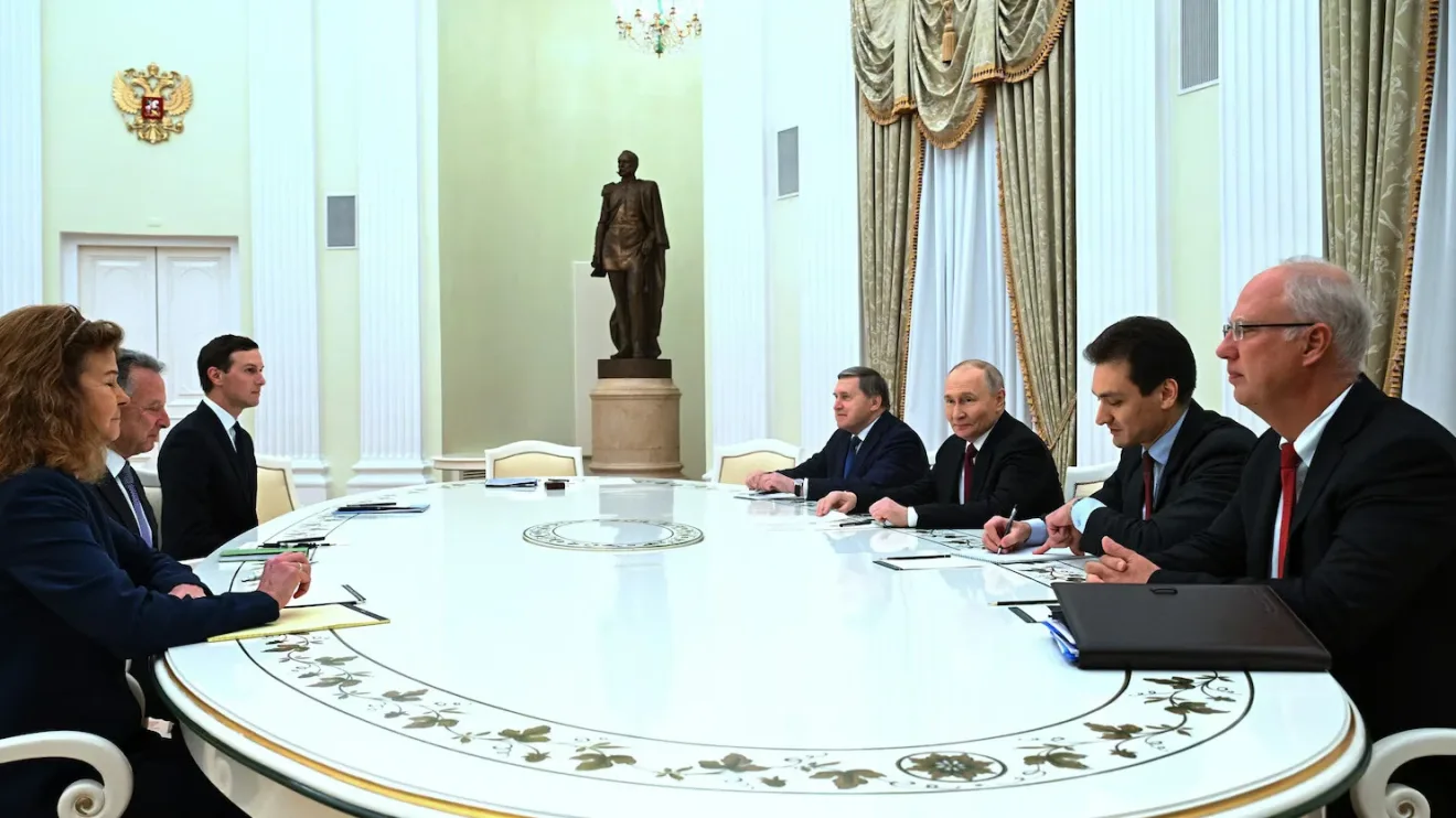 Recent meeting in the Kremlin, Moscow, where Russian President Vladimir Putin met with United States special envoys Steve Witkoff and Jared Kushner for talks on ending the war in Ukraine. Photo credit: Kristina Kormilitsyna/Sputnik/AP