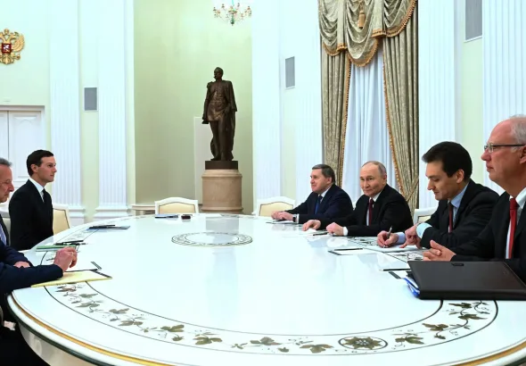 Recent meeting in the Kremlin, Moscow, where Russian President Vladimir Putin met with United States special envoys Steve Witkoff and Jared Kushner for talks on ending the war in Ukraine. Photo credit: Kristina Kormilitsyna/Sputnik/AP