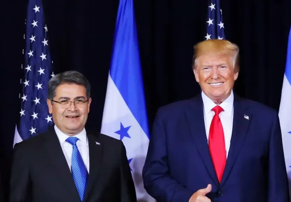 Former Honduran President Juan Orlando Hernández (left) with President Trump at the UN General Assembly in New York in September 2019. Photo: Honduran Presidential Office/file photo.